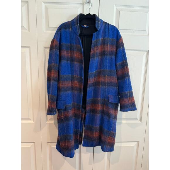 Free People Plaid Coat Jacket Blue Brown Open Front Relaxed Bohemian Style - Picture 2 of 7